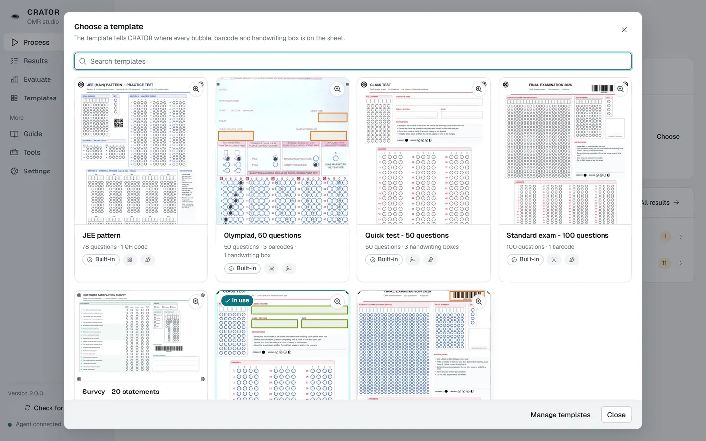 CRATOR template picker with built-in and saved answer sheets