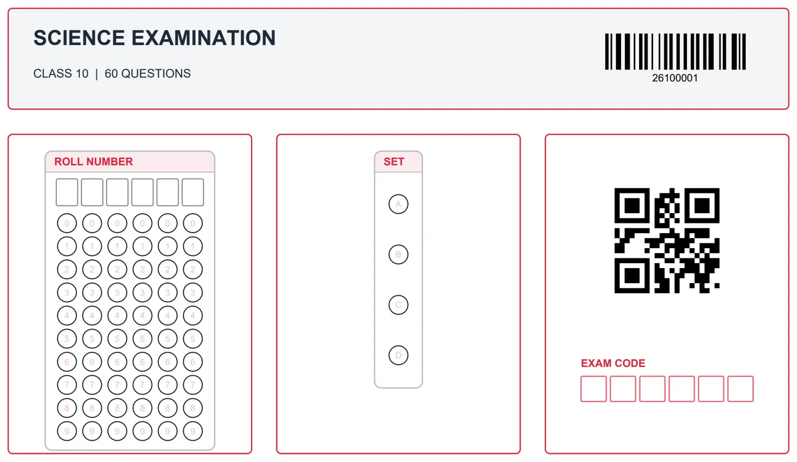 Roll number, barcode and QR code fields on a CRATOR sheet