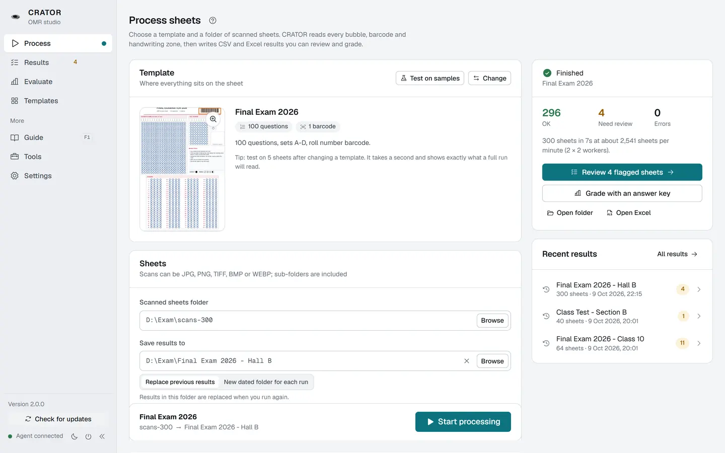 CRATOR showing a finished run: 296 sheets read clean, 4 flagged for review